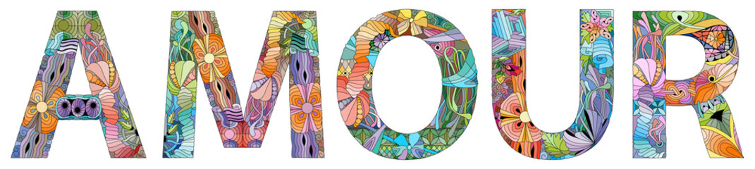 Word AMOUR. Vector zentangle object for decoration