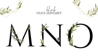 Watercolor Black Olive Floral Alphabet letters M,N,O with leaves. Greenery elegant botanical set decor for baby shower, Monogram initials for wedding invite, logo, frame art, poster, new baby name,diy