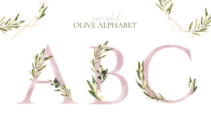 Watercolor Rose gold Olive Floral Alphabet letters A,B,C with leaves. Greenery elegant botanical set decor for baby shower, Monogram initials for wedding invite, logo, frame art, poster, new baby name