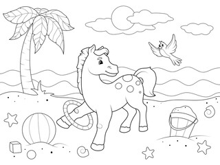 Pony plays on the beach with a hula hoop. The nature of the sea coast. Children coloring book, vector.