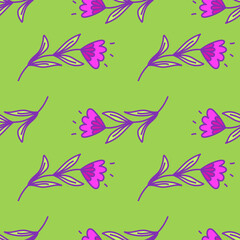 Cute flower seamless pattern in stylized folk style. Hand drawn elegant botanical background.