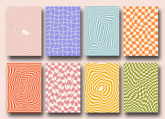 Vector set of Groovy hippie 70s backgrounds. Checkerboard, chessboard, mesh, waves patterns. Twisted and distorted vector texture in trendy retro psychedelic style. Y2k aesthetic.