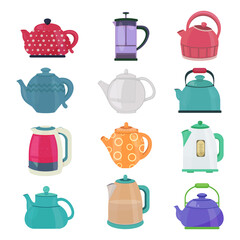 Kettle cartoon set isolated . Vector cartoon set icon electric teapot. Vector illustration of kettles. Vector illustration.