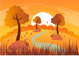 Panoramic countryside in autumn season vector illustration with some trees and orange meadow. Fall landscape background