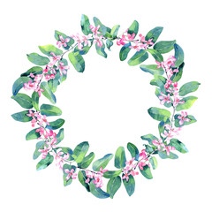 Watercolor  frame of flowers isolated on white background. Original hand painted pink honeysuckle with green leaves. 