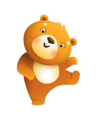 Fototapeta na wymiar Funny baby teddy bear dancing, cute animal illustration for kids. Children cartoon of adorable happy smiling bear, isolated vector clipart.