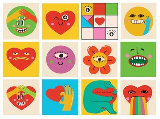 Fototapeta premium Big Set of Different colored Vector illustartions for posters in Cartoon Flat design. Hand drawn Abstract shapes, faces, different texture, greek elements, funny Comic characters.