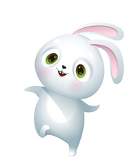 Funny baby bunny rabbit dancing and jumping, cute forest animal illustration for kids. Children cartoon of adorable happy smiling bunny, isolated vector clipart.
