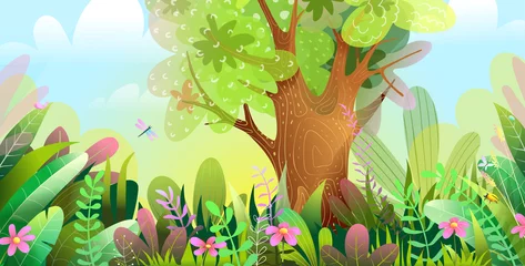 Schilderijen op glas Mysterious enchanted forest wallpaper for kids. Childish illustration of a magic woodland, cute colorful forest cartoon. Vector scenery graphics. © Popmarleo