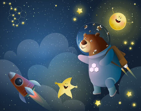 Teddy Bear astronaut with stars and sun or moon and rocket in cosmos, cute childish animal cartoon for kids. Cosmos and outer space adventure for children. Vector animals in space illustration.