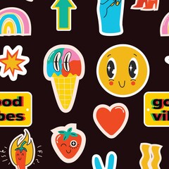 Seamless pattern with crazy comic faces and colorful geometric shapes with outline. Mosaic texture in complementary bright and black colors.