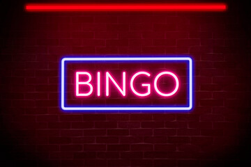 Bingo neon banner, light signboard on nightlife.