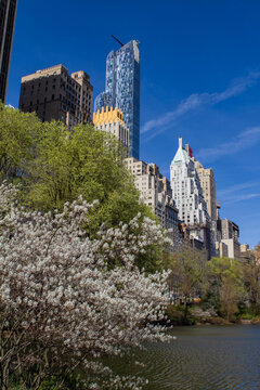 Spring view from Central Park of Upper West side skyline