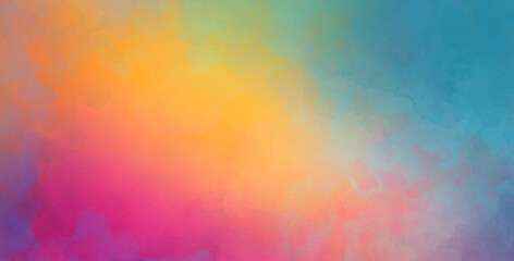 Colorful watercolor background of abstract sunset sky with puffy clouds in bright rainbow colors of pink blue yellow orange and purple