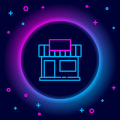 Glowing neon line Shopping building or market store icon isolated on black background. Shop construction. Colorful outline concept. Vector