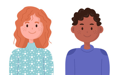 Cute two happy children. Face portrait of kids couple, girl and boy, smiling friends of different race. Interracial school students, pupils, classmates together. Flat vector illustration isolated