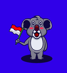 Cute koala cartoon holding indonesian flag Premium vector.