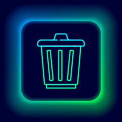 Glowing neon line Trash can icon isolated on black background. Garbage bin sign. Recycle basket icon. Office trash icon. Colorful outline concept. Vector