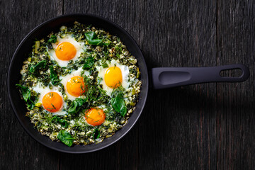 green shakshuka in frying pan, top view