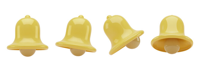 Set of 3D notification bell icons isolated on white background. 3D rendering of a yellow bell.