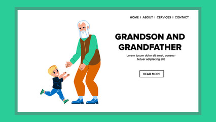 Grandson And Grandfather Family Meeting Vector. Happy Grandson And Grandfather Happy For See, Child Running To Elderly Man For Embracing. Characters Grand Parent And Kid Web Flat Cartoon Illustration