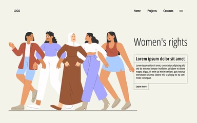 Flat vector illustration with group of women of different nationalities stand up for women's rights. Concept of gender equal. International women's day or women's history month.