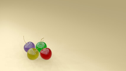 Colorful cherry on a yellow table (3D Rendering)