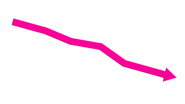 Animated pink arrow. Recession chart of economy. Economic crisis, recession, decrease graph. Profit down. Vector illustration isolated on white background.