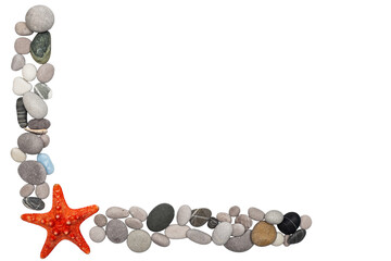 Corner frame made of sea stones and a starfish, isolated on a white background.