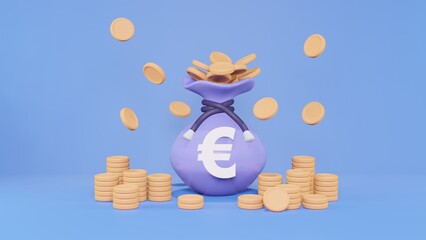 Bag with euro money coins, 3D Rendering, 3D Illustration - obrazy, fototapety, plakaty