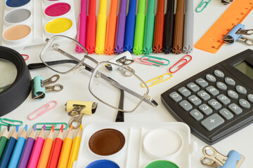 Office supplies on the desktop. Education and upbringing. Back to school
