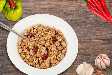 Tasty cooked dish meal on white plate