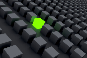 One Green Cube Stands Out From Blacks