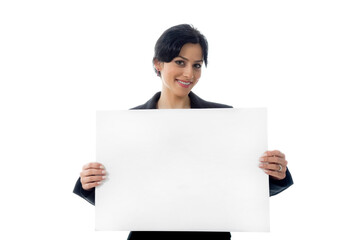 Young Businesswoman Holds An Empty Message Board