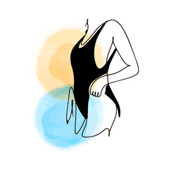 Fragment of the body of a girl in a black swimsuit, one line contour drawing, linear in the style of doodles on a watercolor background, aesthetics