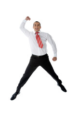 Young Businessman is Jumping with Joy on White
