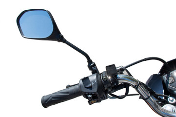 the left side of the steering wheel of a motorcycle, close-up, on an isolated background