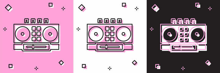 Set DJ remote for playing and mixing music icon isolated on pink and white, black background. DJ mixer complete with vinyl player and remote control. Vector