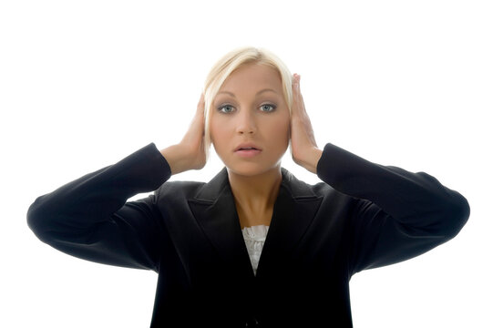 Businesswoman is Making Hear No Evil Expression on White