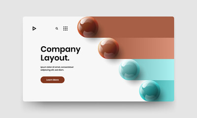 Original corporate brochure design vector template. Multicolored realistic balls website screen illustration.