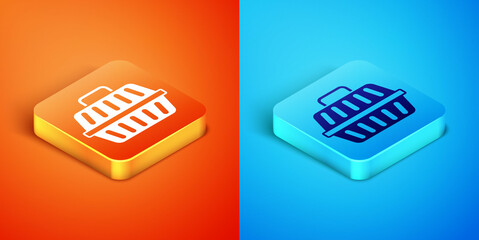 Isometric Pet carry case icon isolated on orange and blue background. Carrier for animals, dog and cat. Container for animals. Animal transport box. Vector