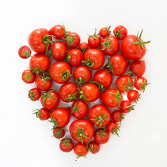 ripened vegetable tomato in the form of a heart.  product packaging design of tomato juice, pasta, croutons, chips.  Banner, signboard and background for the site.