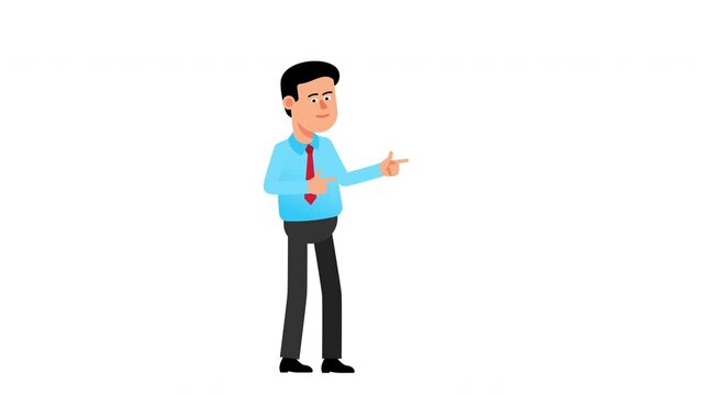 Satisfied businessman pointing at something. Explainer Man pops up and show something. 2D animation