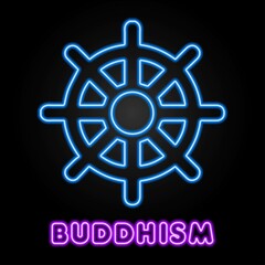 Buddhism neon sign, modern glowing banner design, colorful modern design trends on black background. Vector illustration.