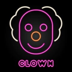 clown neon sign, modern glowing banner design, colorful modern design trends on black background. Vector illustration.