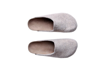 Pair of soft home felt or wool slippers isolated on white background top view