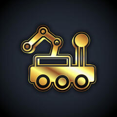 Gold Mars rover icon isolated on black background. Space rover. Moonwalker sign. Apparatus for studying planets surface. Vector