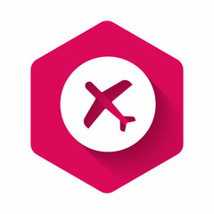 White Plane icon isolated with long shadow background. Flying airplane icon. Airliner sign. Pink hexagon button. Vector
