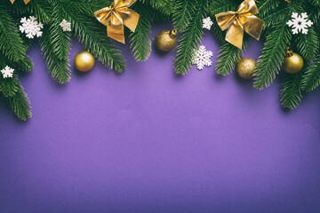 Christmas background with fir branches and Christmas decor. Top view, copy space for text