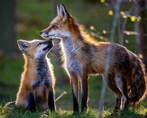 Kit fox (Vulpes macrotis) with her baby in a forest
